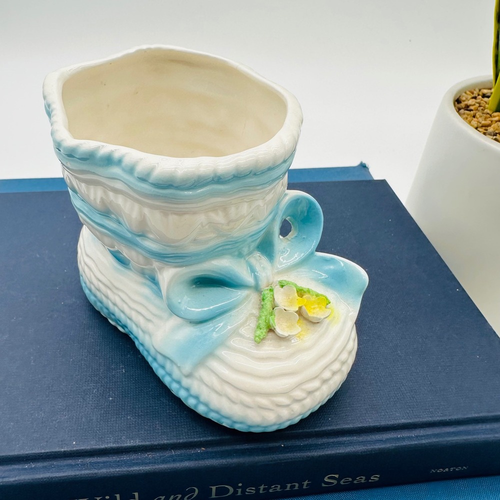 Rubens Japan Vintage Ceramic Baby Bootie Planter Blue White Floral 300